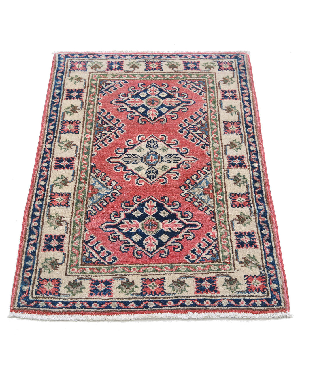 Kazak 1'10'' X 3'0'' Hand-Knotted Wool Rug 1'10'' x 3'0'' (55 X 90) / Red / Ivory