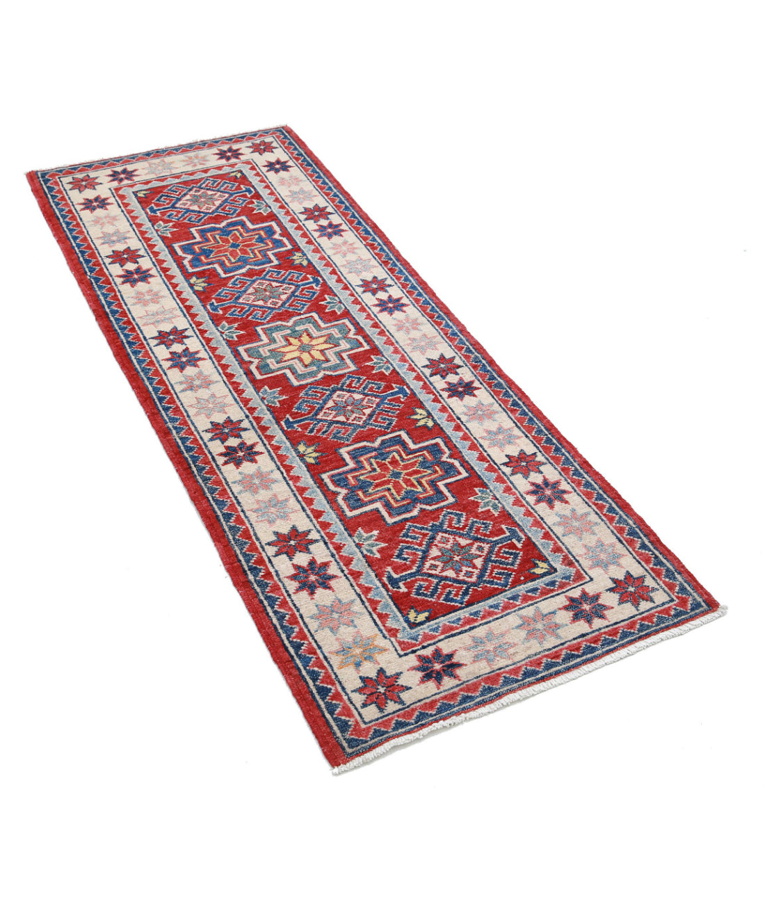 Kazak 2'0'' X 5'3'' Hand-Knotted Wool Rug 2'0'' x 5'3'' (60 X 158) / Red / Ivory