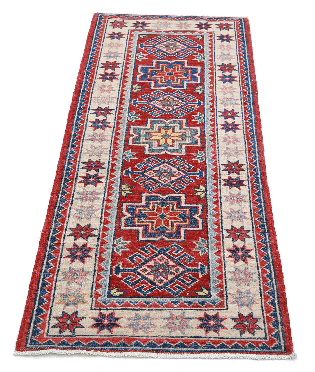 Kazak 2'0'' X 5'3'' Hand-Knotted Wool Rug 2'0'' x 5'3'' (60 X 158) / Red / Ivory