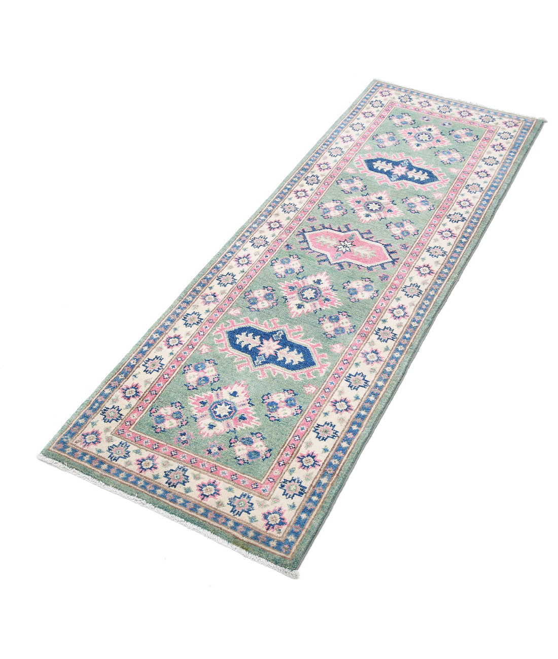 Kazak 1'11'' X 5'7'' Hand-Knotted Wool Rug 1'11'' x 5'7'' (58 X 168) / Green / Ivory