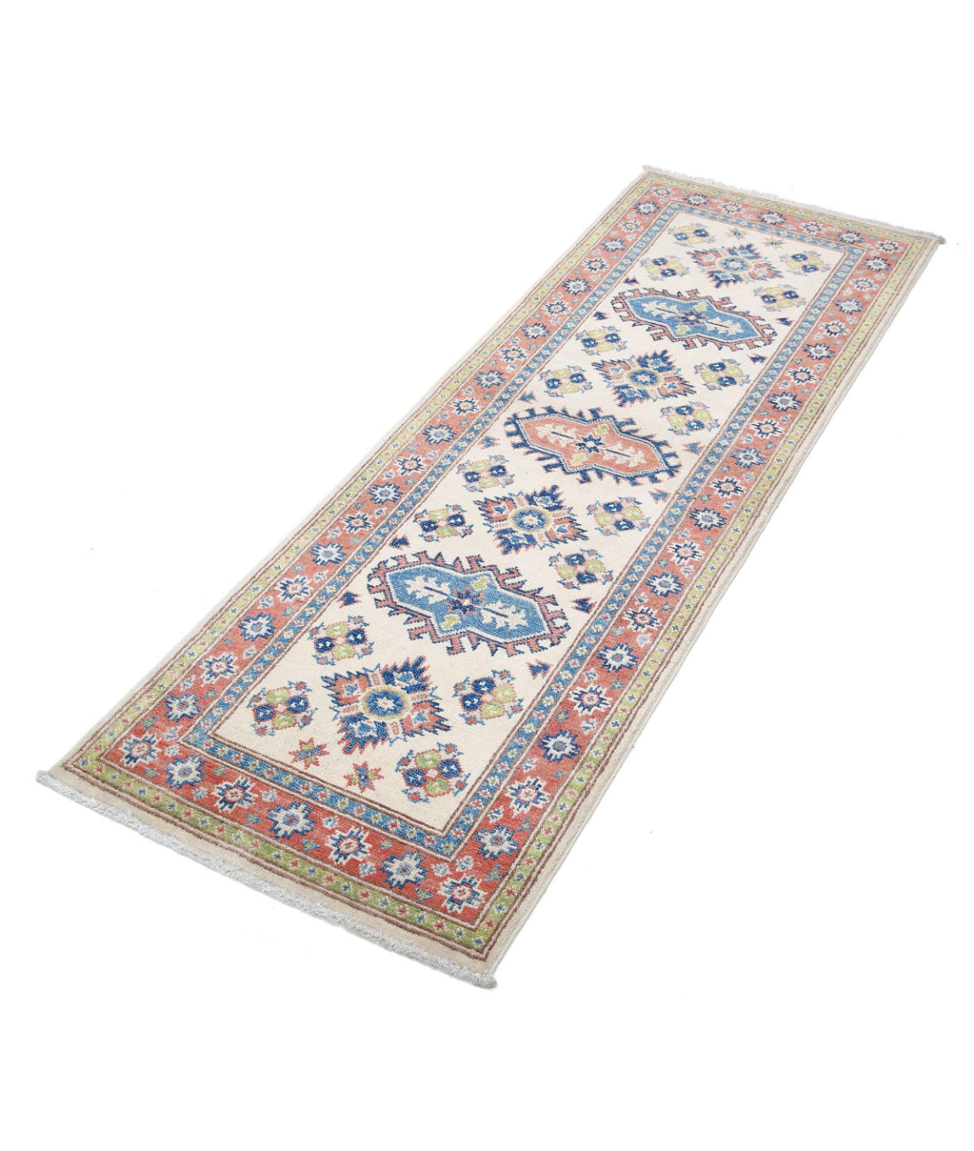 Kazak 2'0'' X 5'11'' Hand-Knotted Wool Rug 2'0'' x 5'11'' (60 X 178) / Ivory / Red