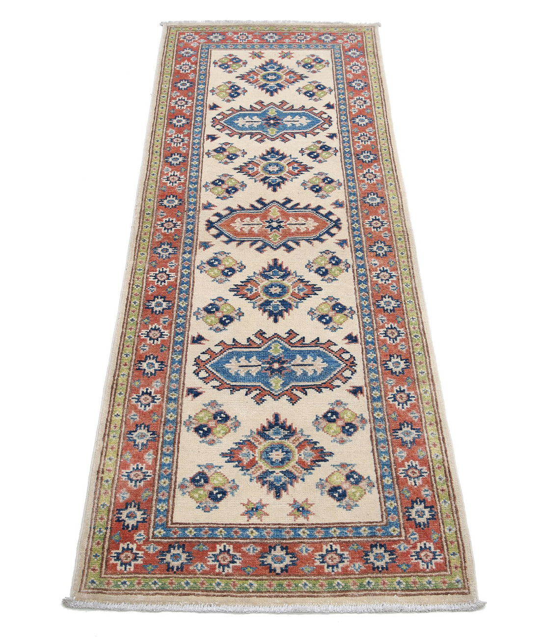 Kazak 2'0'' X 5'11'' Hand-Knotted Wool Rug 2'0'' x 5'11'' (60 X 178) / Ivory / Red