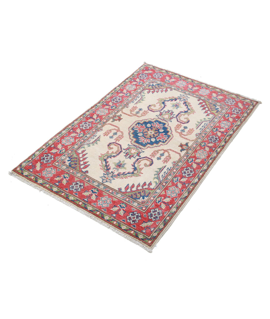 Kazak 2'7'' X 4'0'' Hand-Knotted Wool Rug 2'7'' x 4'0'' (78 X 120) / Ivory / Red