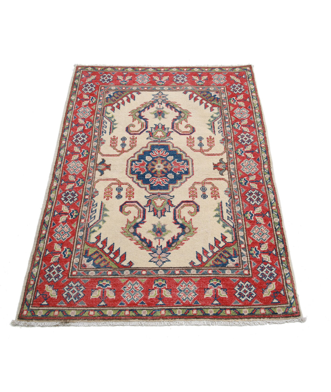 Kazak 2'7'' X 4'0'' Hand-Knotted Wool Rug 2'7'' x 4'0'' (78 X 120) / Ivory / Red