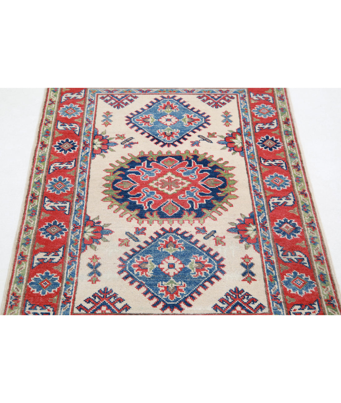 Kazak 2'8'' X 4'0'' Hand-Knotted Wool Rug 2'8'' x 4'0'' (80 X 120) / Ivory / Red