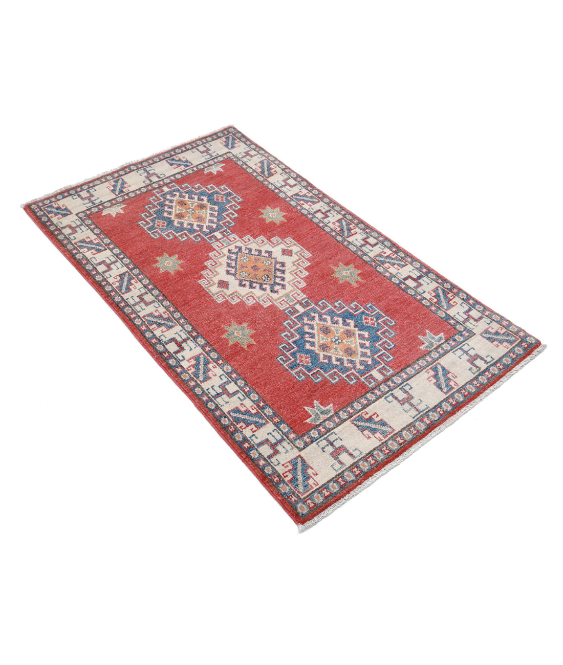 Kazak 2'6'' X 4'5'' Hand-Knotted Wool Rug 2'6'' x 4'5'' (75 X 133) / Red / Ivory