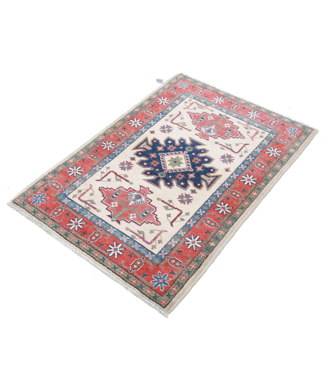 Kazak 2'8'' X 3'11'' Hand-Knotted Wool Rug 2'8'' x 3'11'' (80 X 118) / Ivory / Red