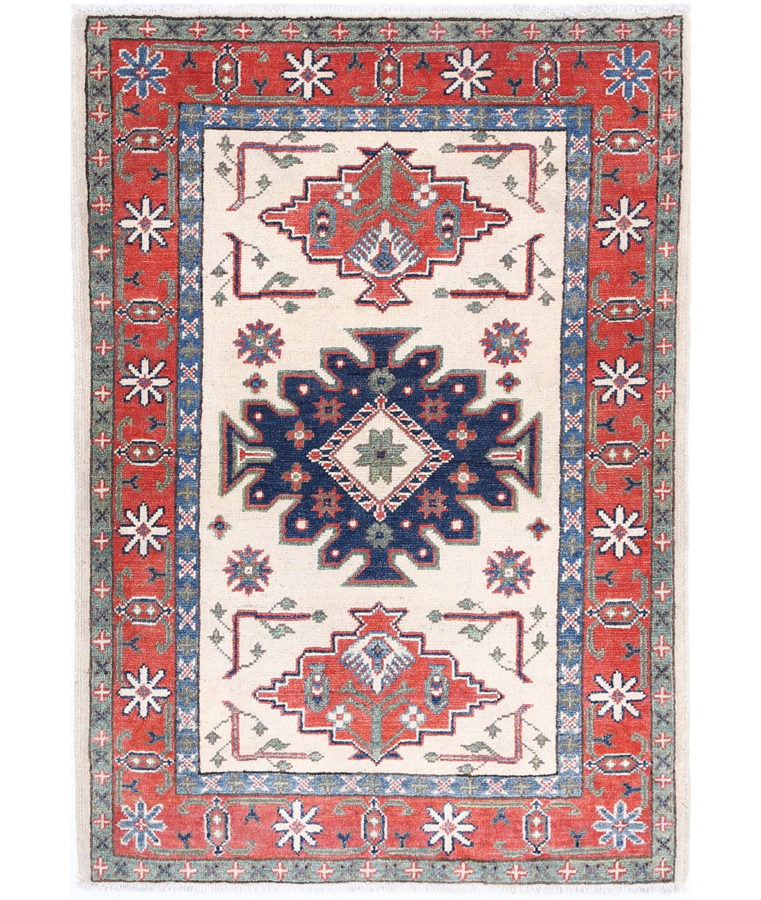 Kazak 2'8'' X 3'11'' Hand-Knotted Wool Rug 2'8'' x 3'11'' (80 X 118) / Ivory / Red