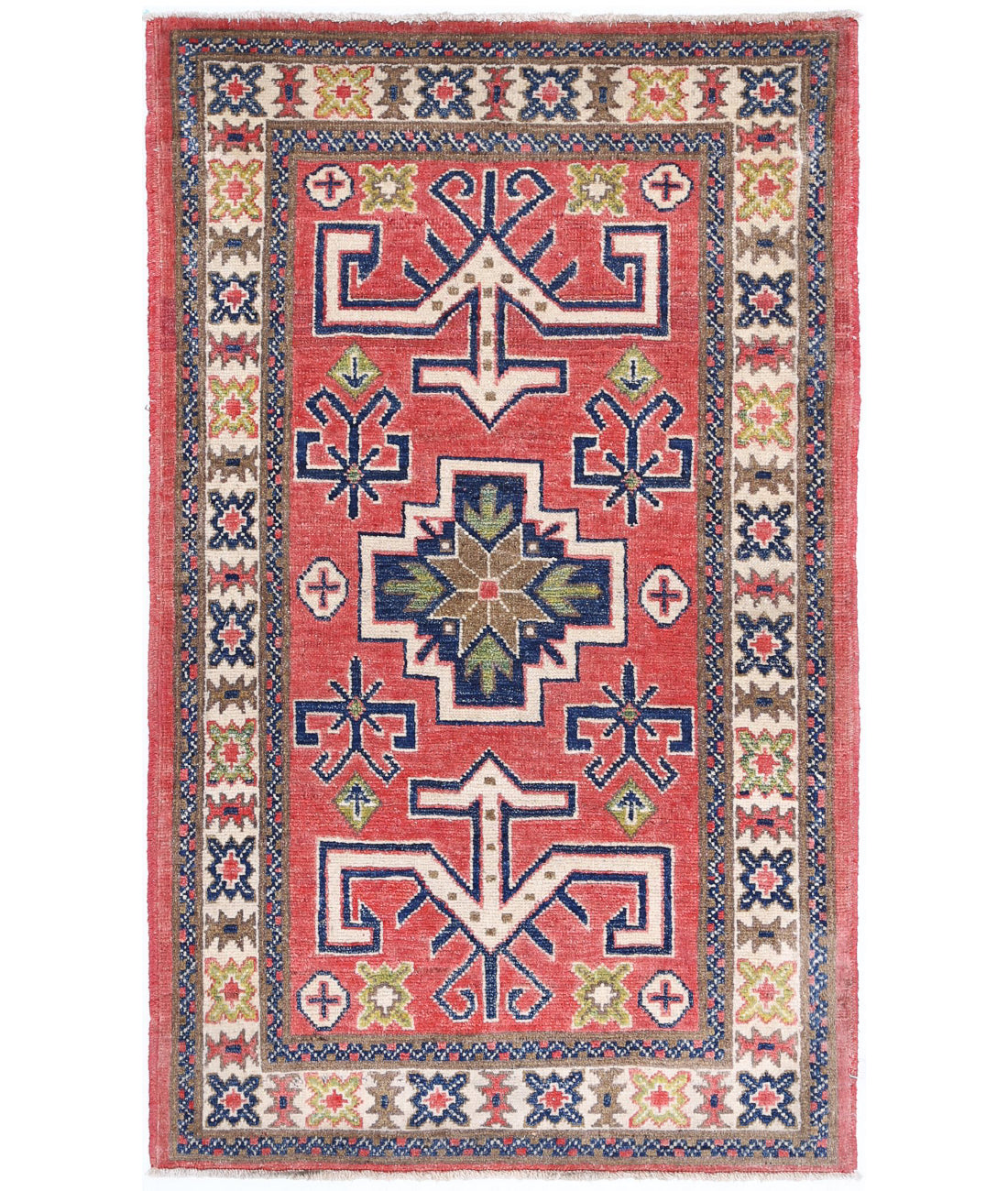 Kazak 2'5'' X 4'5'' Hand-Knotted Wool Rug 2'5'' x 4'5'' (73 X 133) / Red / Ivory