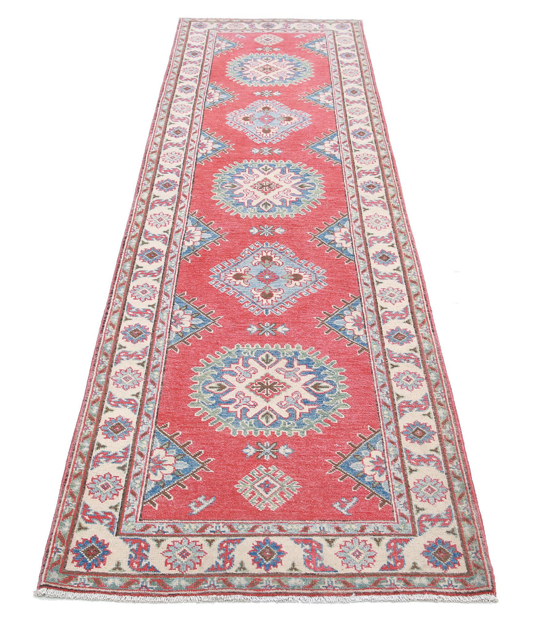 Kazak 2'7'' X 9'7'' Hand-Knotted Wool Rug 2'7'' x 9'7'' (78 X 288) / Red / Ivory