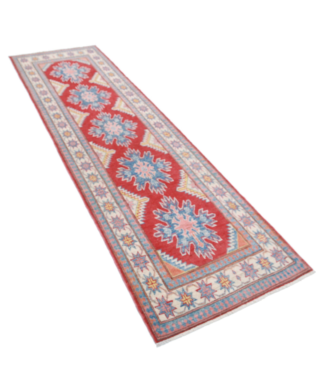 Kazak 2'7'' X 9'2'' Hand-Knotted Wool Rug 2'7'' x 9'2'' (78 X 275) / Red / Ivory