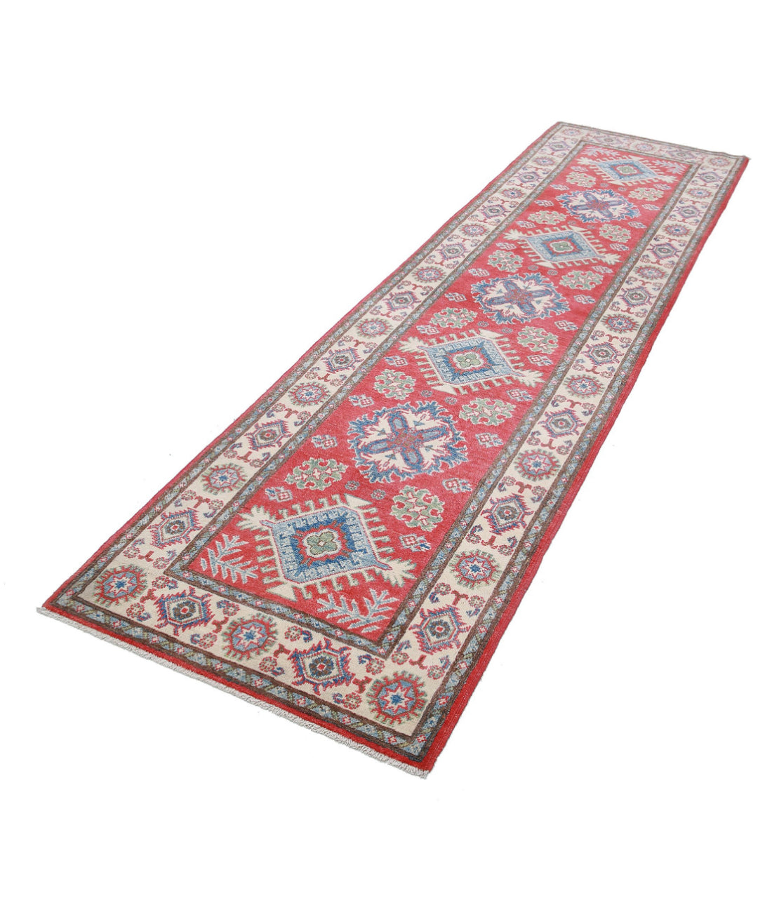 Kazak 2'8'' X 9'10'' Hand-Knotted Wool Rug 2'8'' x 9'10'' (80 X 295) / Red / Ivory