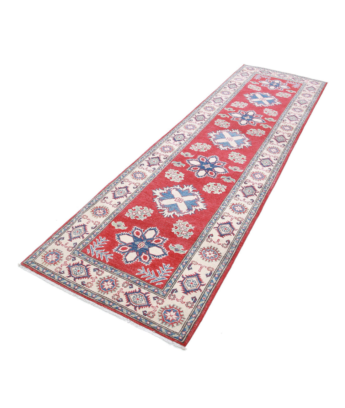 Kazak 2'10'' X 9'9'' Hand-Knotted Wool Rug 2'10'' x 9'9'' (85 X 293) / Red / Ivory