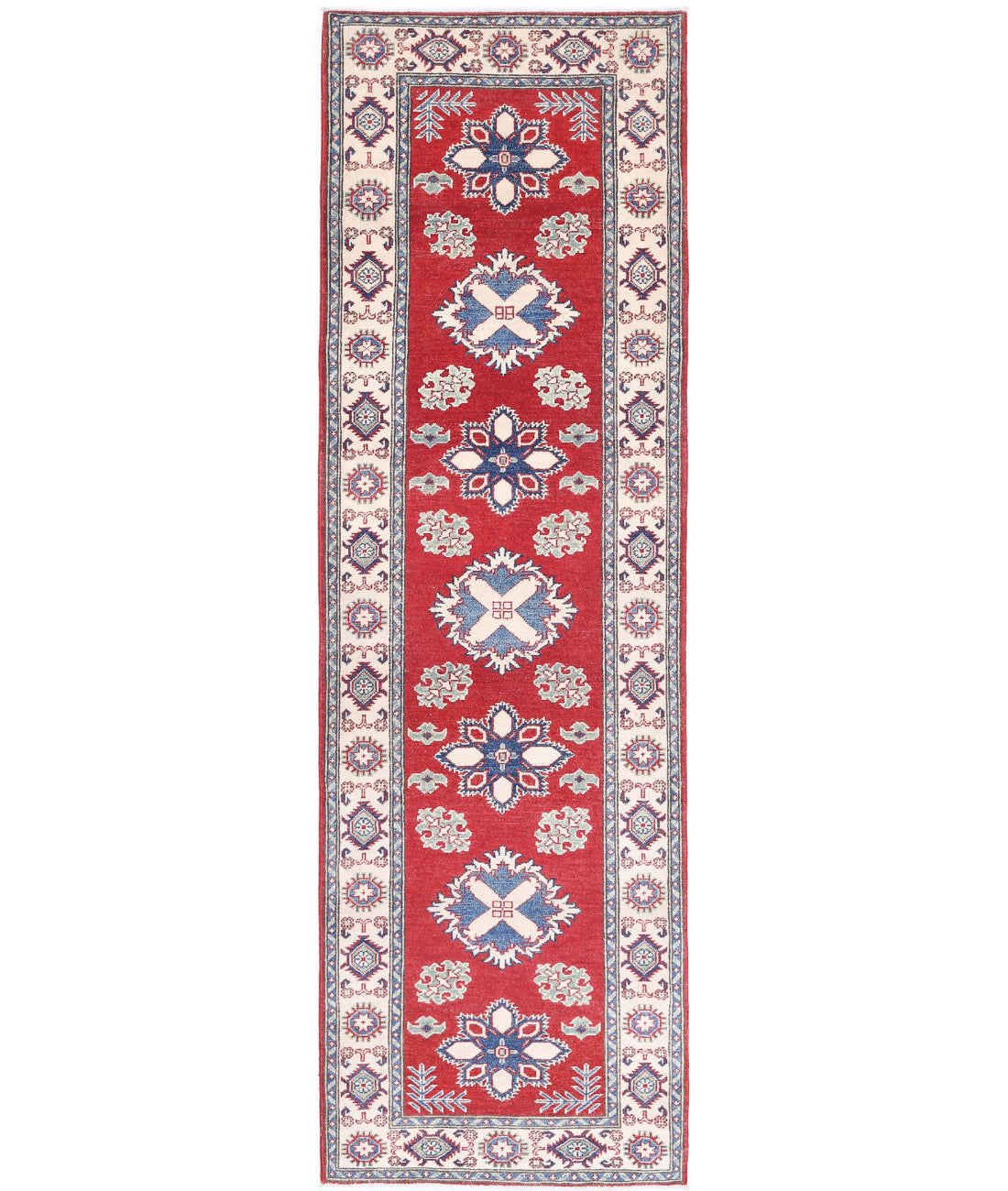 Kazak 2'10'' X 9'9'' Hand-Knotted Wool Rug 2'10'' x 9'9'' (85 X 293) / Red / Ivory