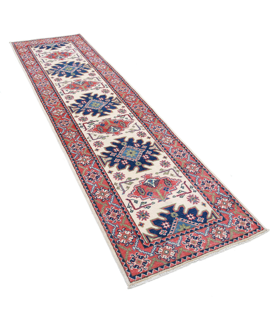 Kazak 2'6'' X 9'7'' Hand-Knotted Wool Rug 2'6'' x 9'7'' (75 X 288) / Ivory / Red