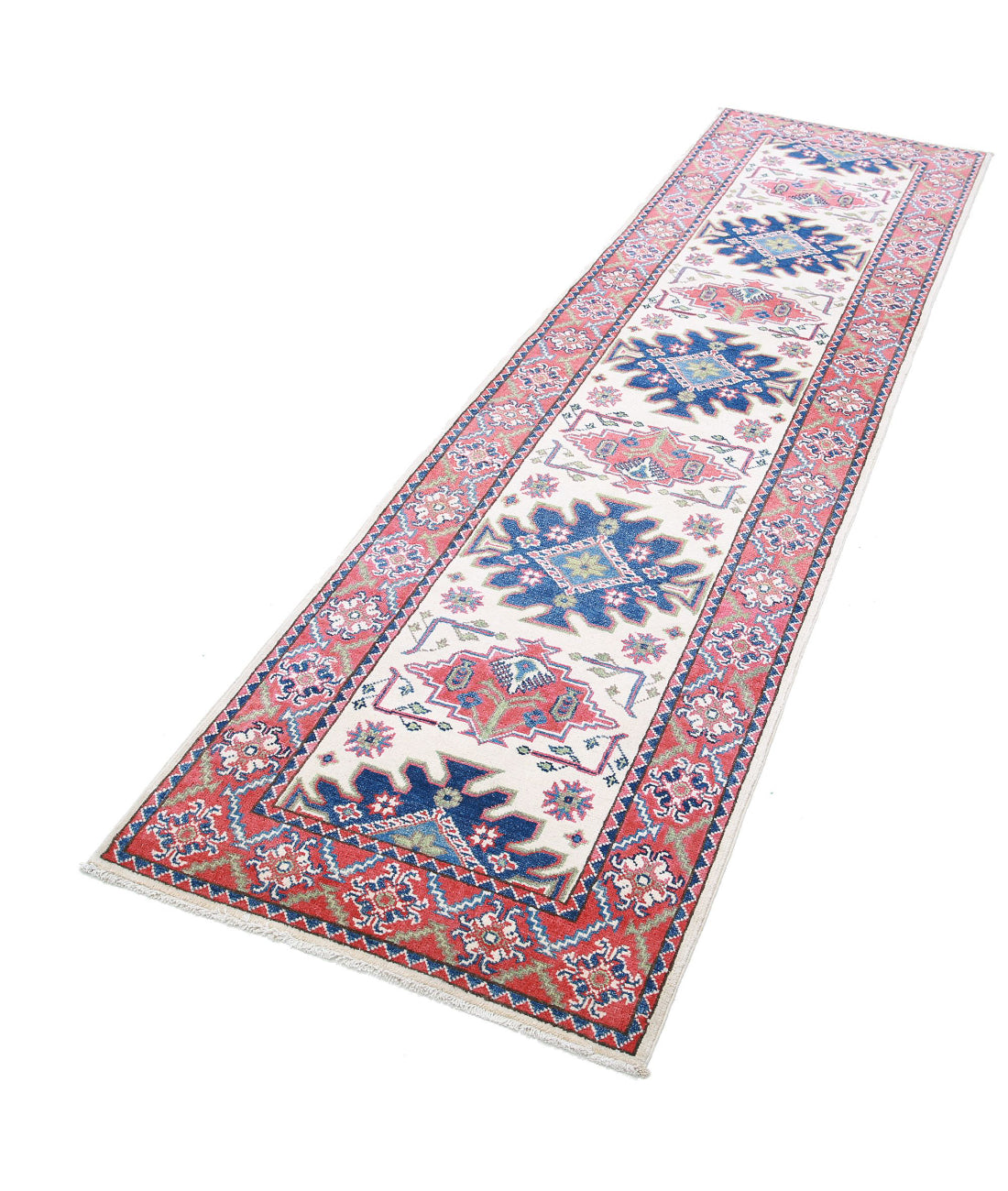 Kazak 2'6'' X 9'7'' Hand-Knotted Wool Rug 2'6'' x 9'7'' (75 X 288) / Ivory / Red