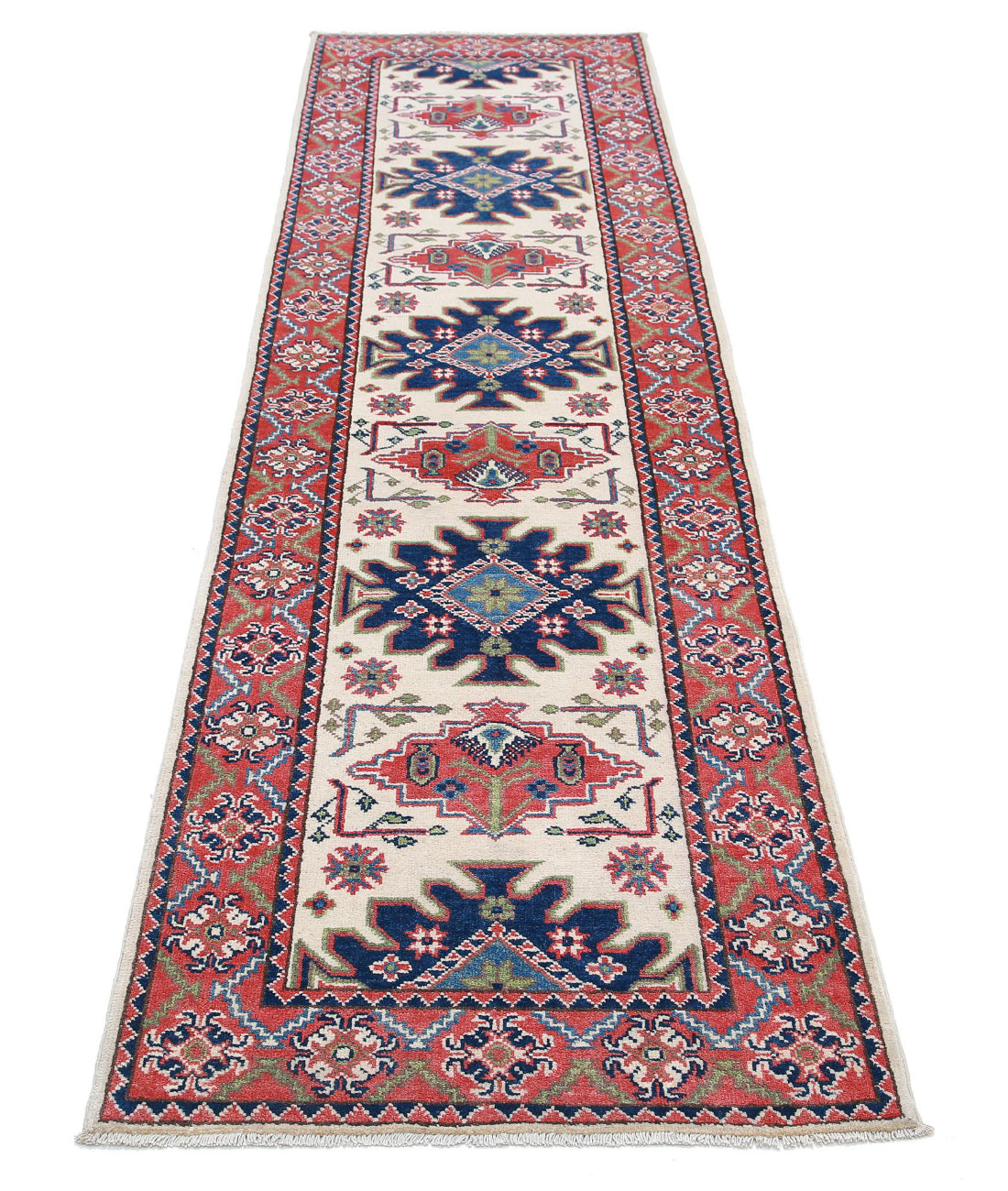 Kazak 2'6'' X 9'7'' Hand-Knotted Wool Rug 2'6'' x 9'7'' (75 X 288) / Ivory / Red