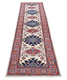 Kazak 2'6'' X 9'7'' Hand-Knotted Wool Rug 2'6'' x 9'7'' (75 X 288) / Ivory / Red