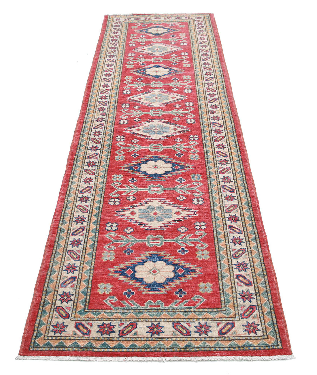 Kazak 2'8'' X 9'6'' Hand-Knotted Wool Rug 2'8'' x 9'6'' (80 X 285) / Red / Ivory