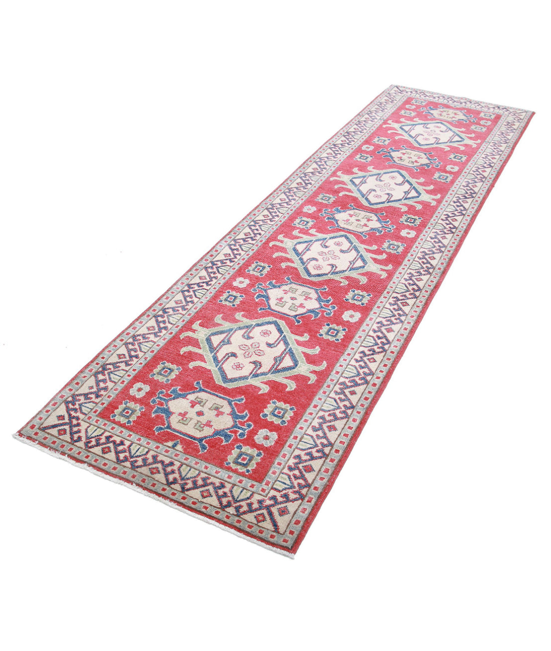 Kazak 2'8'' X 9'8'' Hand-Knotted Wool Rug 2'8'' x 9'8'' (80 X 290) / Red / Ivory