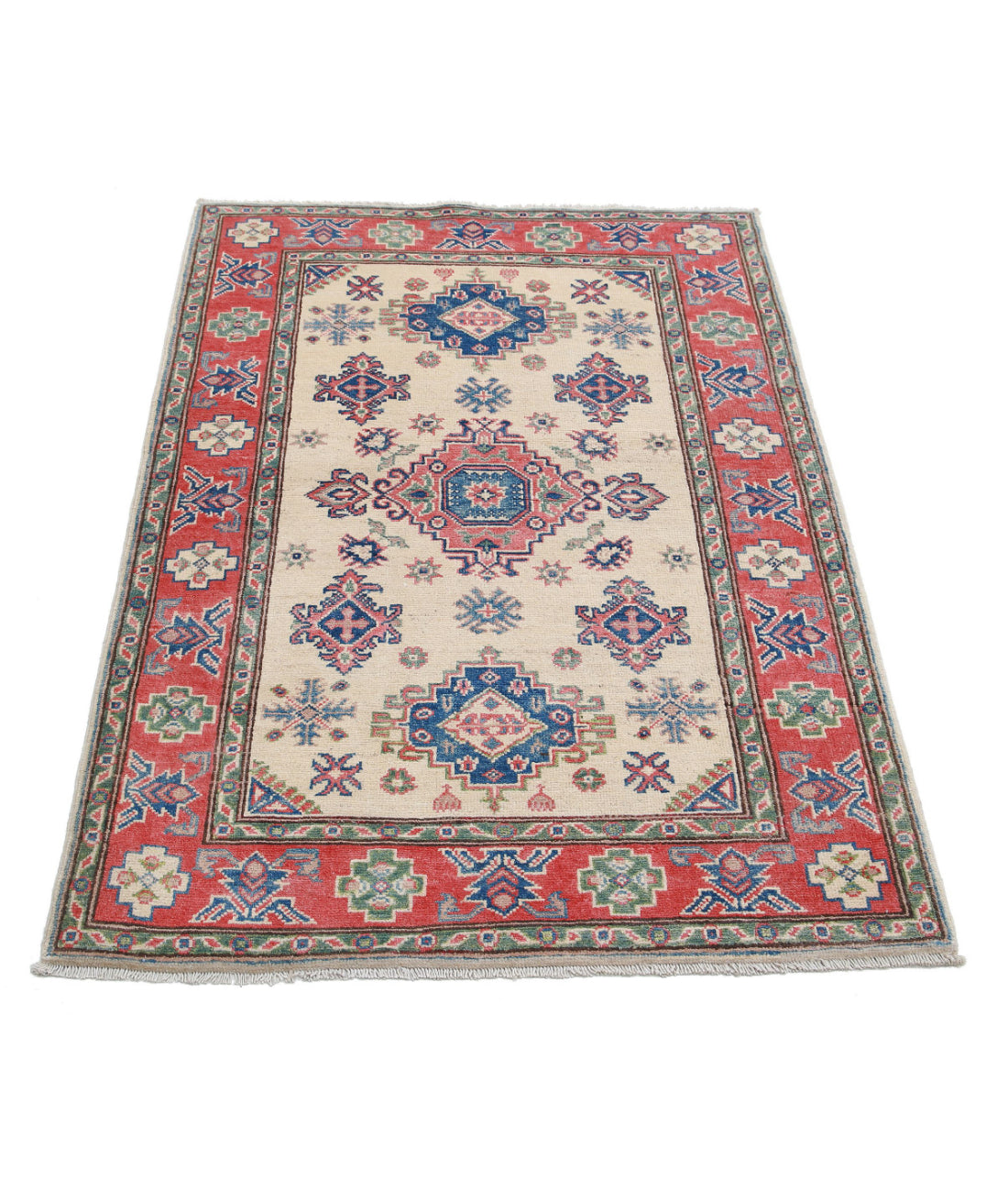 Kazak 3'3'' X 4'8'' Hand-Knotted Wool Rug 3'3'' x 4'8'' (98 X 140) / Ivory / Red