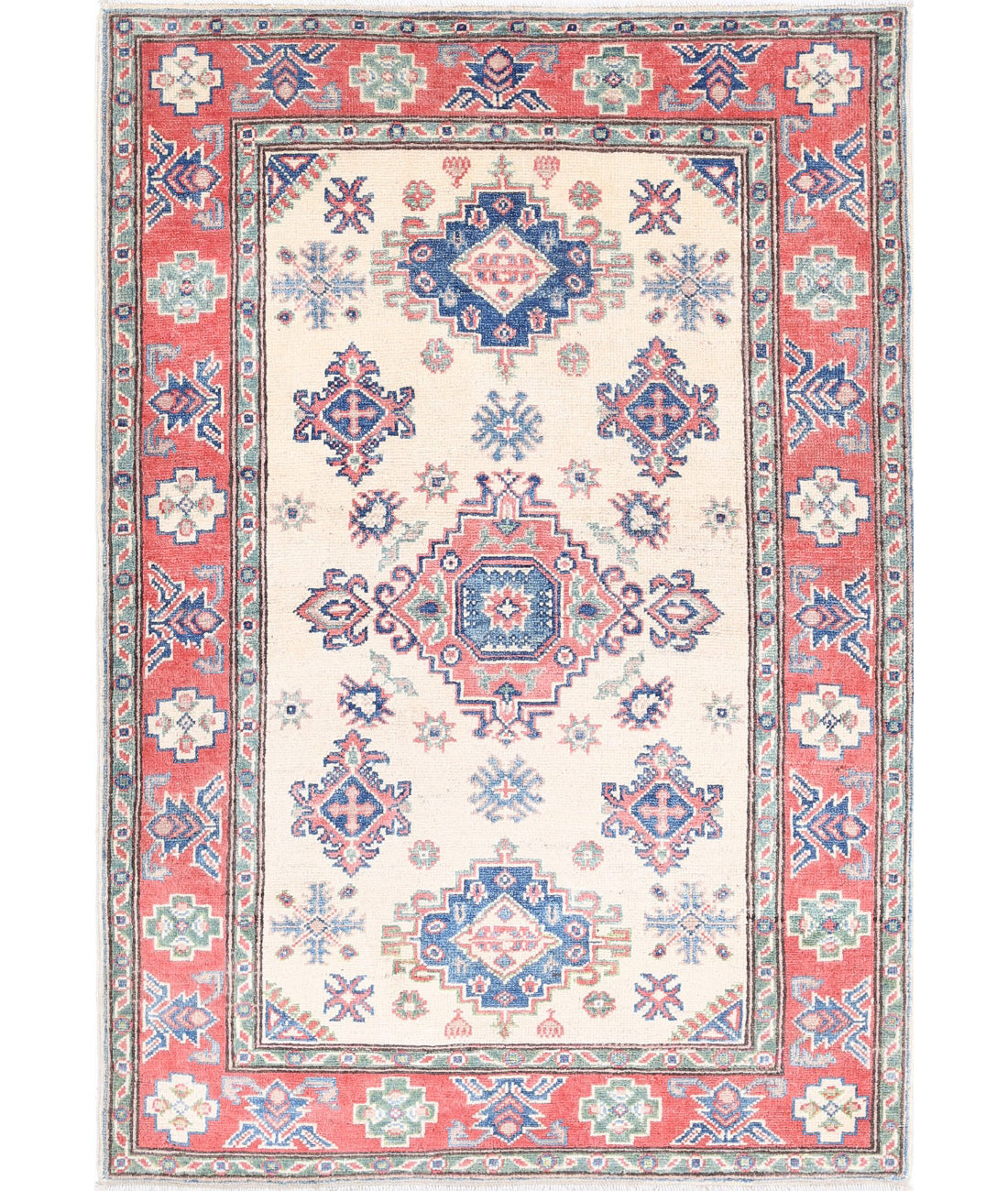 Kazak 3'3'' X 4'8'' Hand-Knotted Wool Rug 3'3'' x 4'8'' (98 X 140) / Ivory / Red