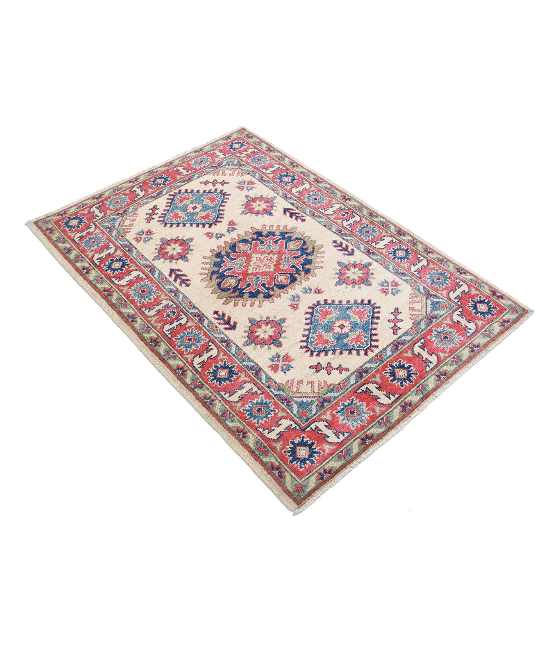 Kazak 3'4'' X 4'8'' Hand-Knotted Wool Rug 3'4'' x 4'8'' (100 X 140) / Ivory / Red