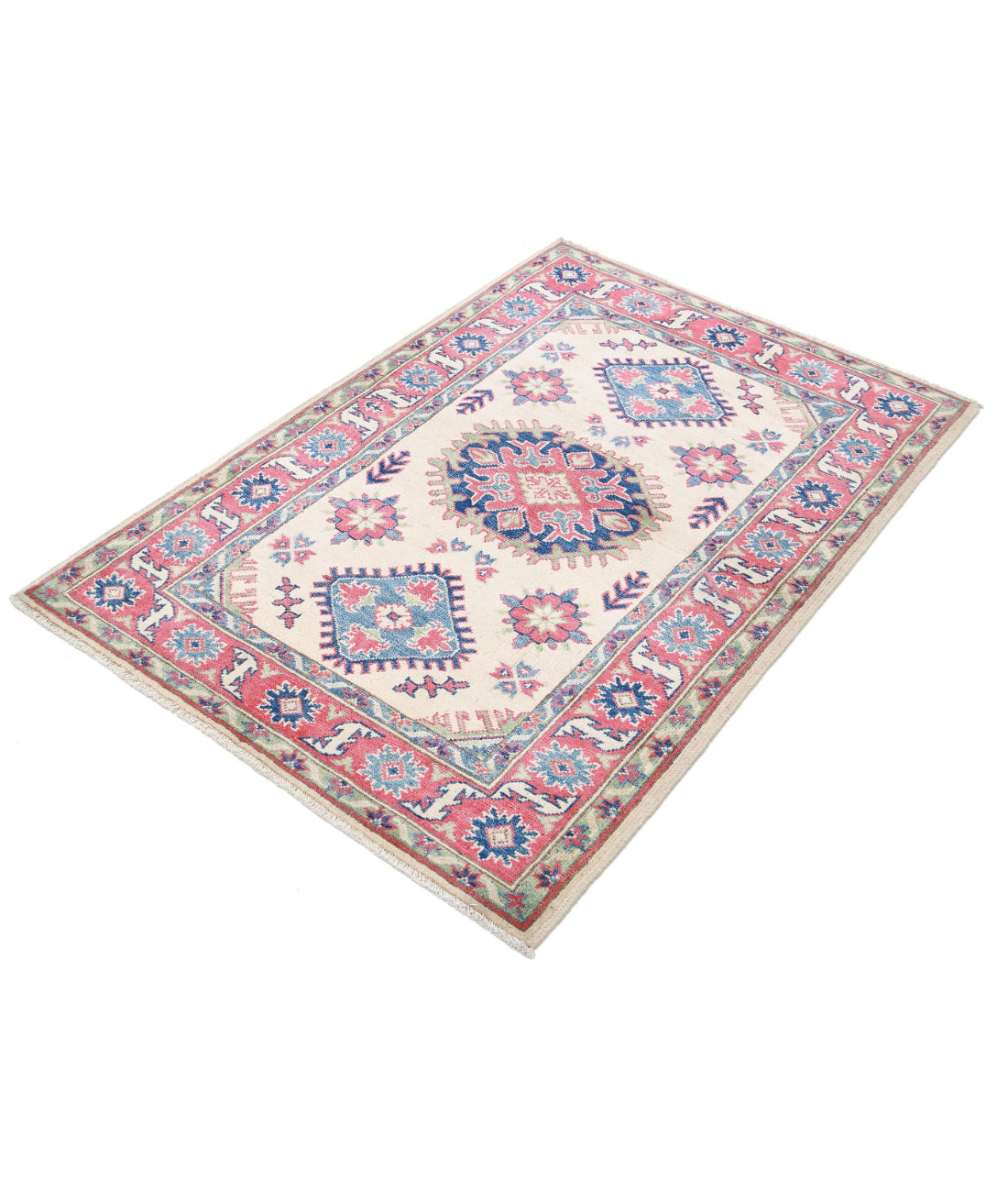 Kazak 3'4'' X 4'8'' Hand-Knotted Wool Rug 3'4'' x 4'8'' (100 X 140) / Ivory / Red