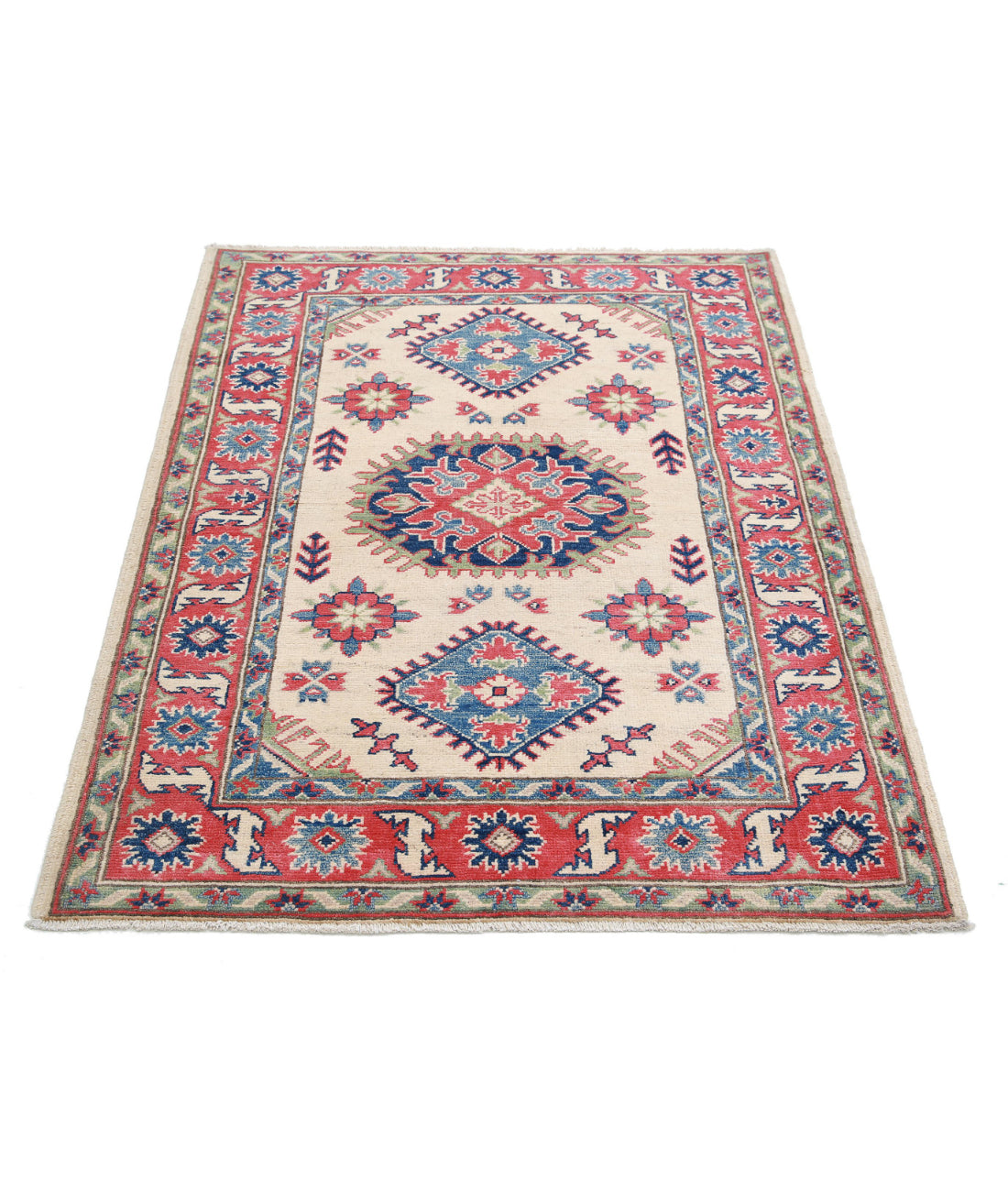 Kazak 3'4'' X 4'8'' Hand-Knotted Wool Rug 3'4'' x 4'8'' (100 X 140) / Ivory / Red