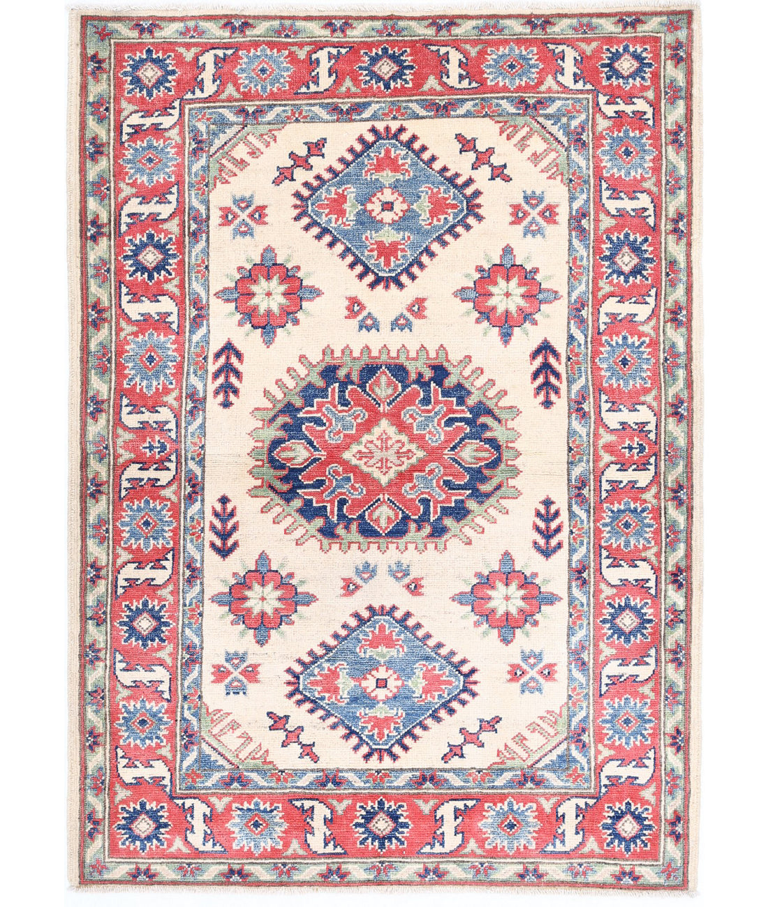 Kazak 3'4'' X 4'8'' Hand-Knotted Wool Rug 3'4'' x 4'8'' (100 X 140) / Ivory / Red