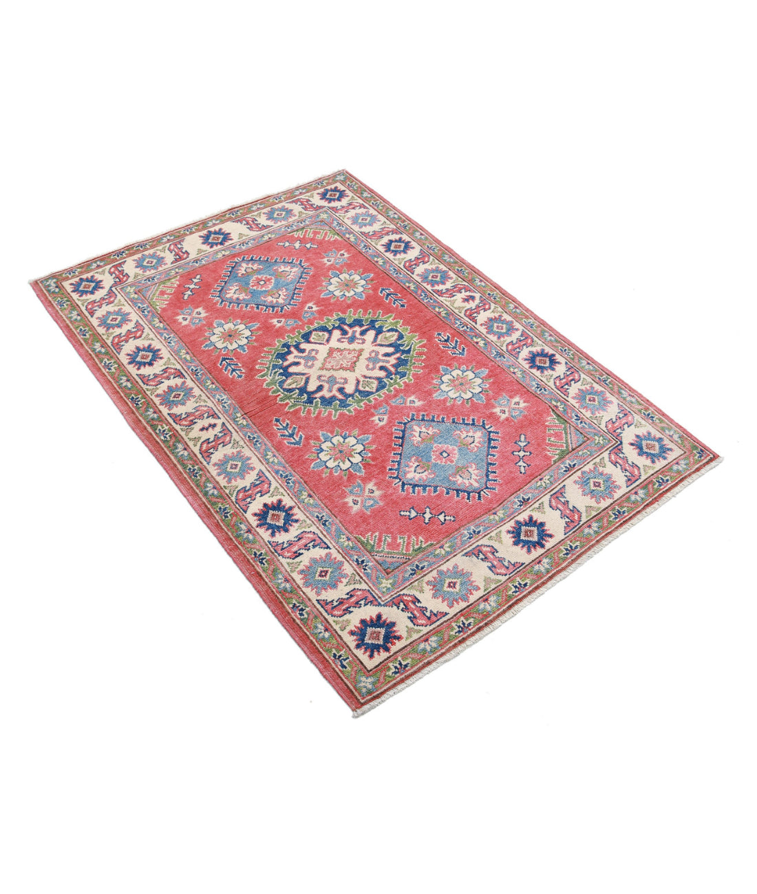 Kazak 3'3'' X 4'8'' Hand-Knotted Wool Rug 3'3'' x 4'8'' (98 X 140) / Red / Ivory