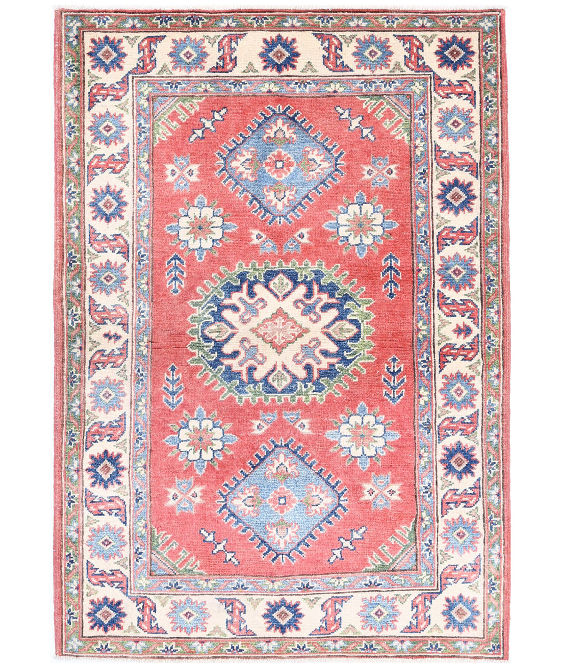 Kazak 3'3'' X 4'8'' Hand-Knotted Wool Rug 3'3'' x 4'8'' (98 X 140) / Red / Ivory