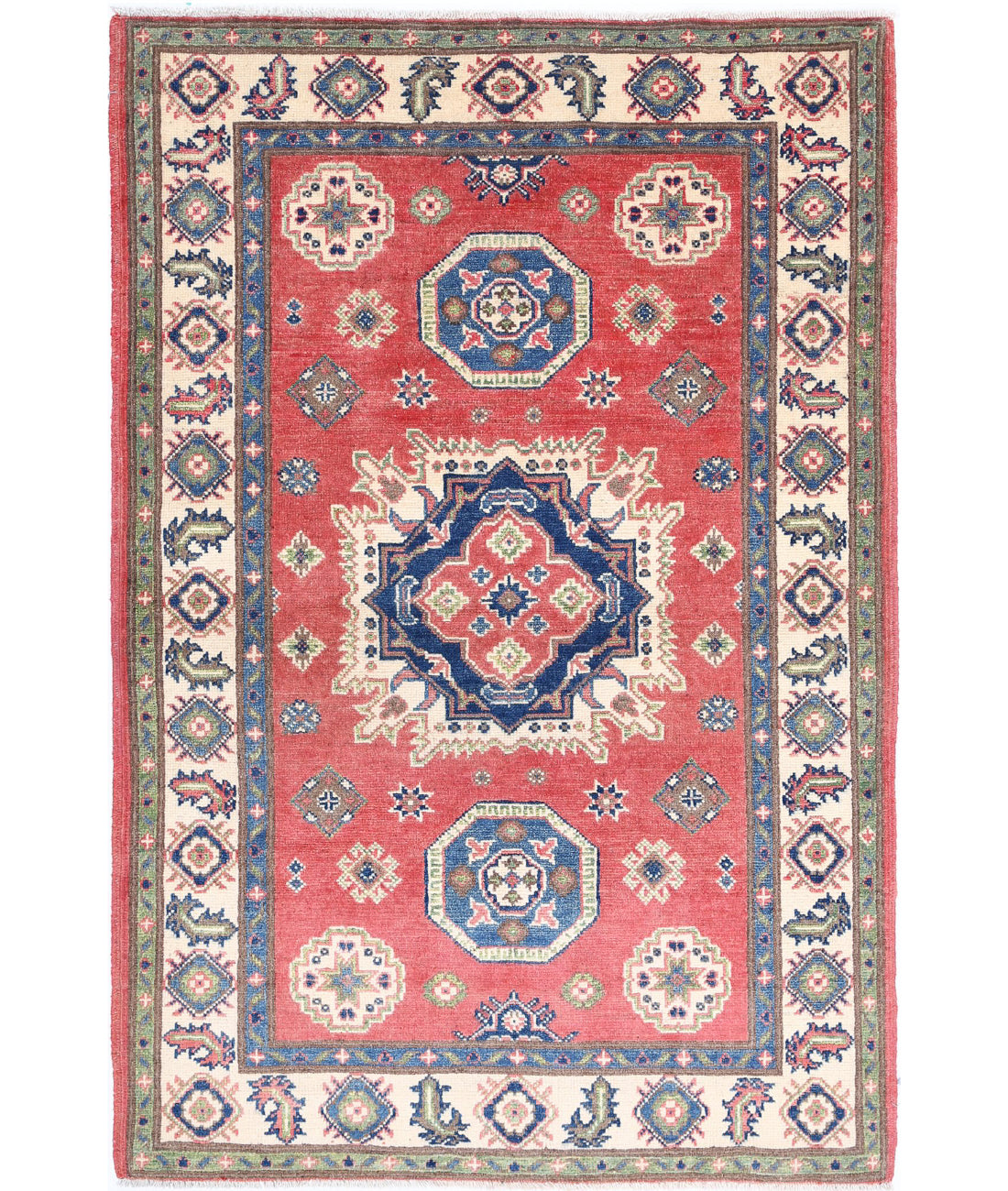 Kazak 3'3'' X 4'10'' Hand-Knotted Wool Rug 3'3'' x 4'10'' (98 X 145) / Red / Ivory