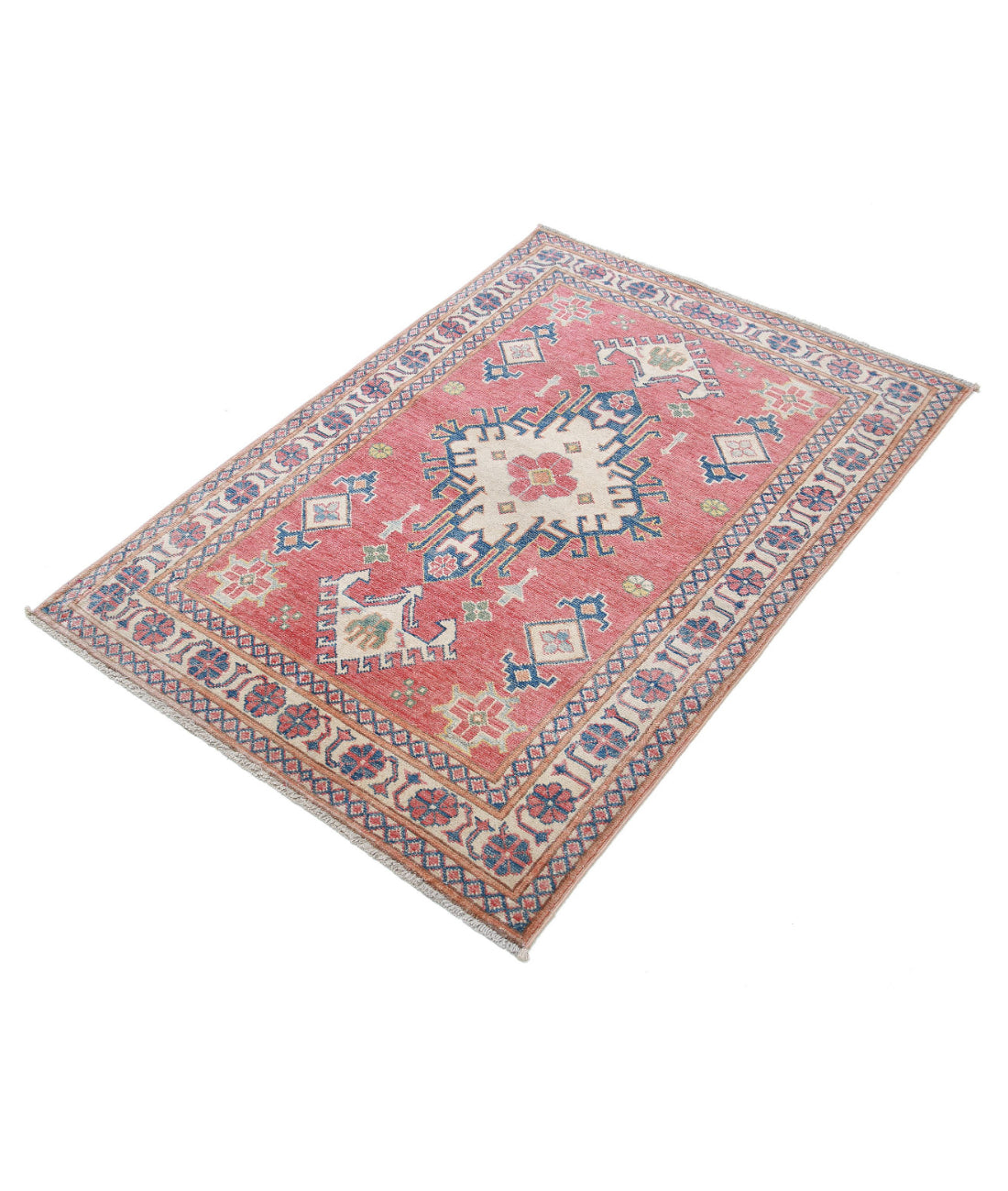 Kazak 3'2'' X 4'8'' Hand-Knotted Wool Rug 3'2'' x 4'8'' (95 X 140) / Red / Ivory