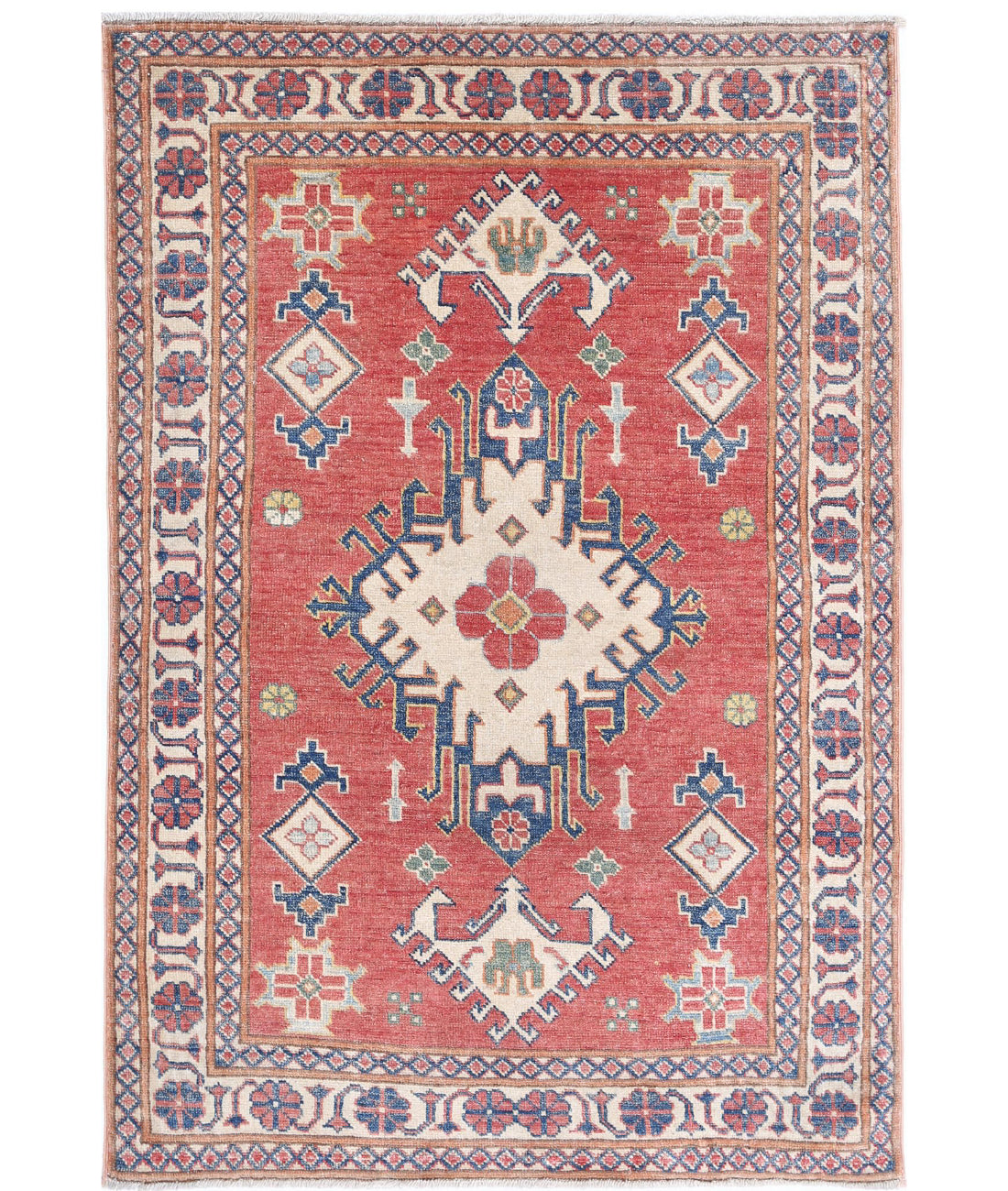 Kazak 3'2'' X 4'8'' Hand-Knotted Wool Rug 3'2'' x 4'8'' (95 X 140) / Red / Ivory