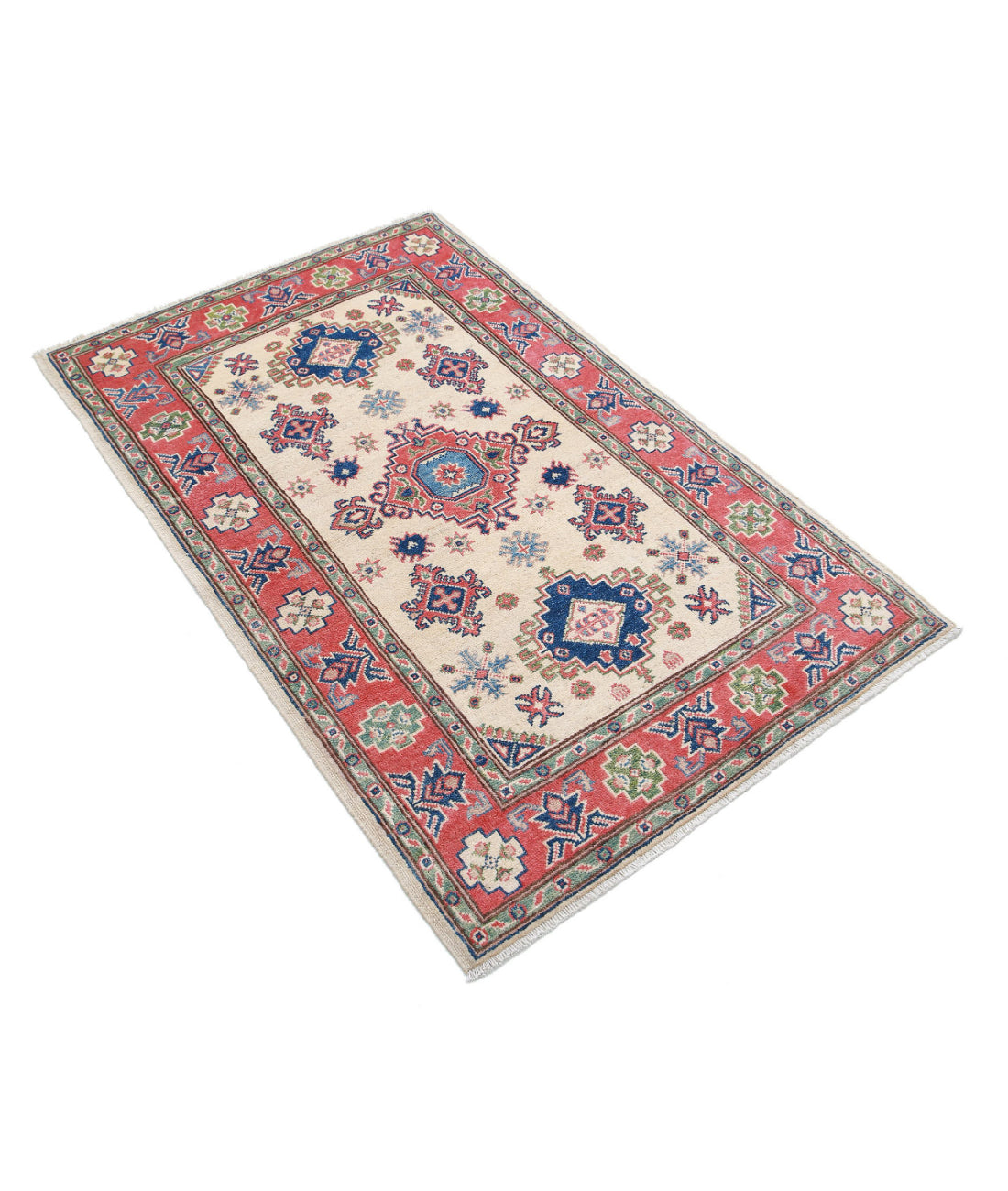 Kazak 3'1'' X 4'10'' Hand-Knotted Wool Rug 3'1'' x 4'10'' (93 X 145) / Ivory / Red