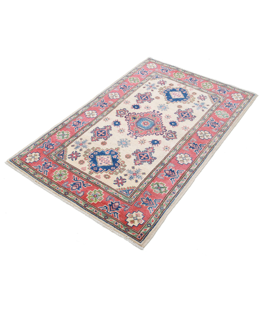 Kazak 3'1'' X 4'10'' Hand-Knotted Wool Rug 3'1'' x 4'10'' (93 X 145) / Ivory / Red