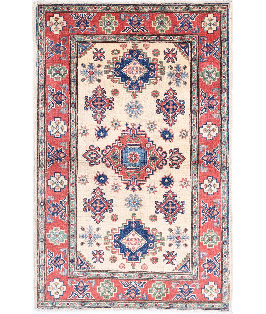 Kazak 3'1'' X 4'10'' Hand-Knotted Wool Rug 3'1'' x 4'10'' (93 X 145) / Ivory / Red