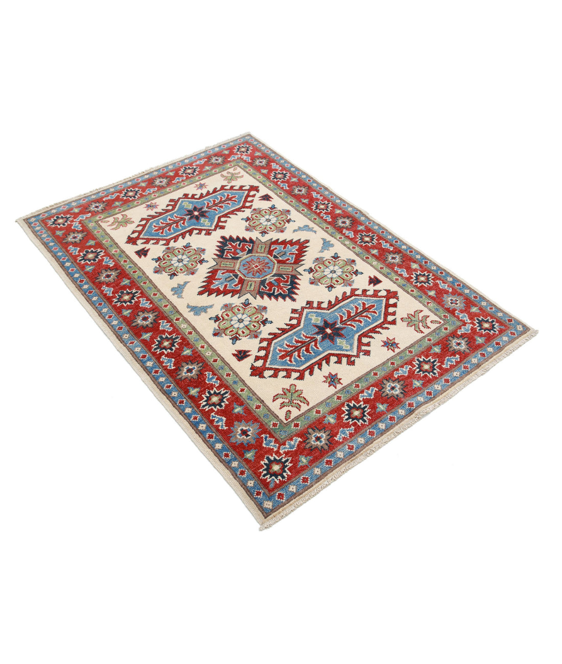 Kazak 3'4'' X 4'10'' Hand-Knotted Wool Rug 3'4'' x 4'10'' (100 X 145) / Ivory / Red