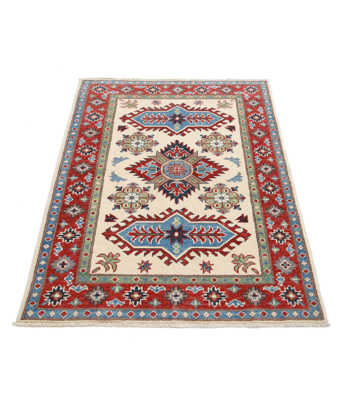 Kazak 3'4'' X 4'10'' Hand-Knotted Wool Rug 3'4'' x 4'10'' (100 X 145) / Ivory / Red