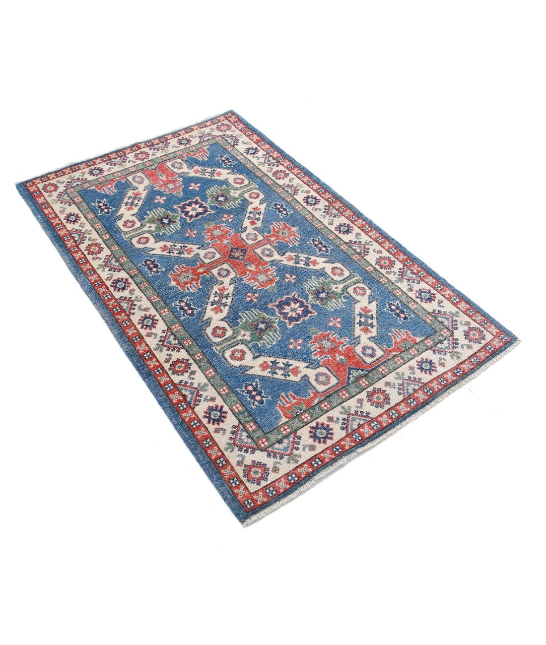 Kazak 3'0'' X 5'0'' Hand-Knotted Wool Rug 3'0'' x 5'0'' (90 X 150) / Blue / Ivory