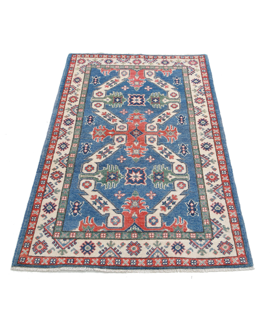 Kazak 3'0'' X 5'0'' Hand-Knotted Wool Rug 3'0'' x 5'0'' (90 X 150) / Blue / Ivory