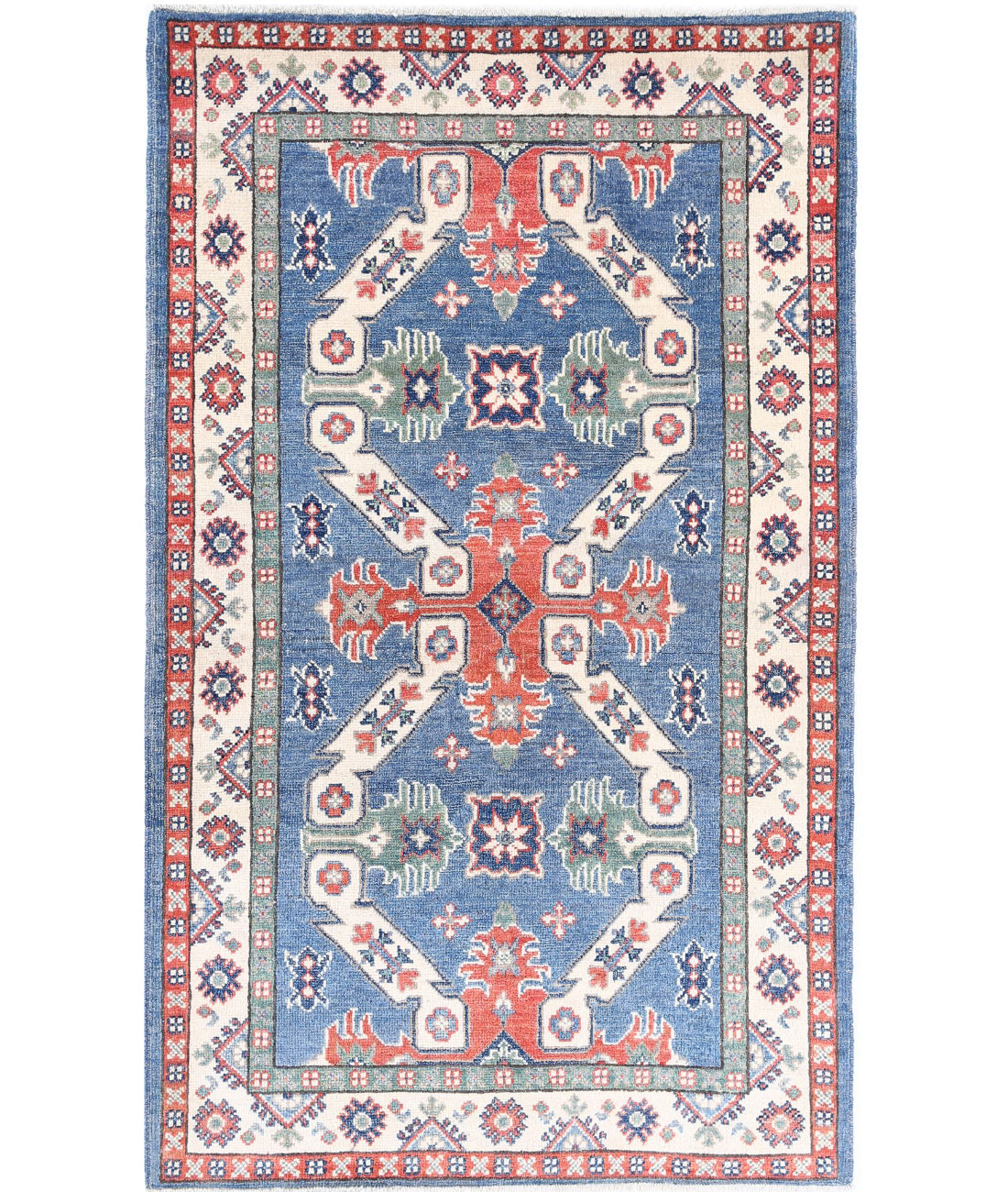 Kazak 3'0'' X 5'0'' Hand-Knotted Wool Rug 3'0'' x 5'0'' (90 X 150) / Blue / Ivory