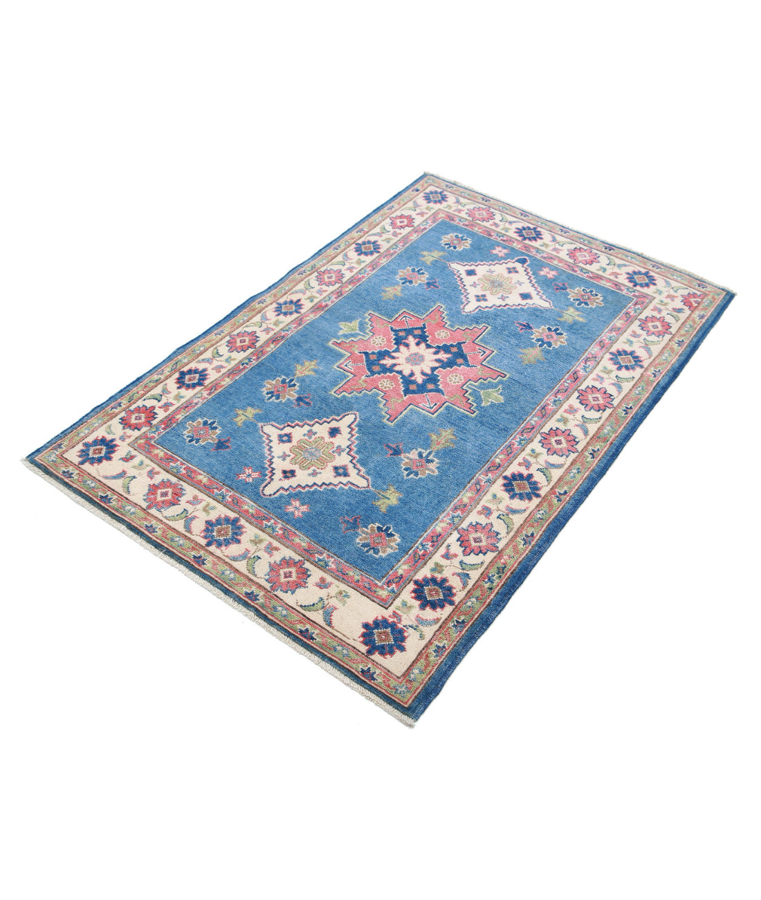 Kazak 3'2'' X 4'9'' Hand-Knotted Wool Rug 3'2'' x 4'9'' (95 X 143) / Blue / Ivory