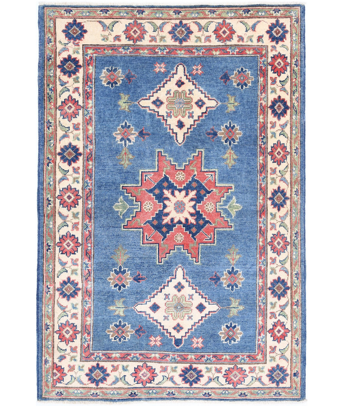 Kazak 3'2'' X 4'9'' Hand-Knotted Wool Rug 3'2'' x 4'9'' (95 X 143) / Blue / Ivory