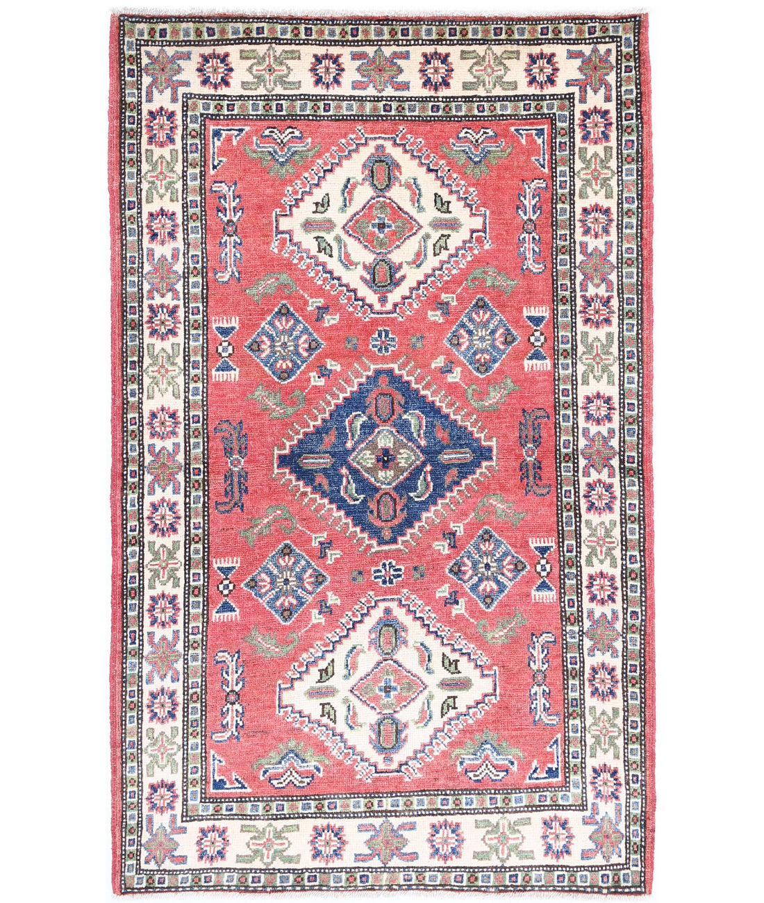 Kazak 3'0'' X 5'0'' Hand-Knotted Wool Rug 3'0'' x 5'0'' (90 X 150) / Red / Ivory