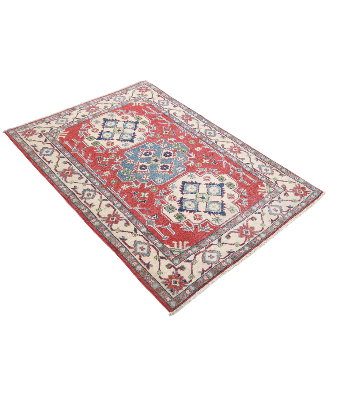 Kazak 3'6'' X 4'11'' Hand-Knotted Wool Rug 3'6'' x 4'11'' (105 X 148) / Red / Ivory