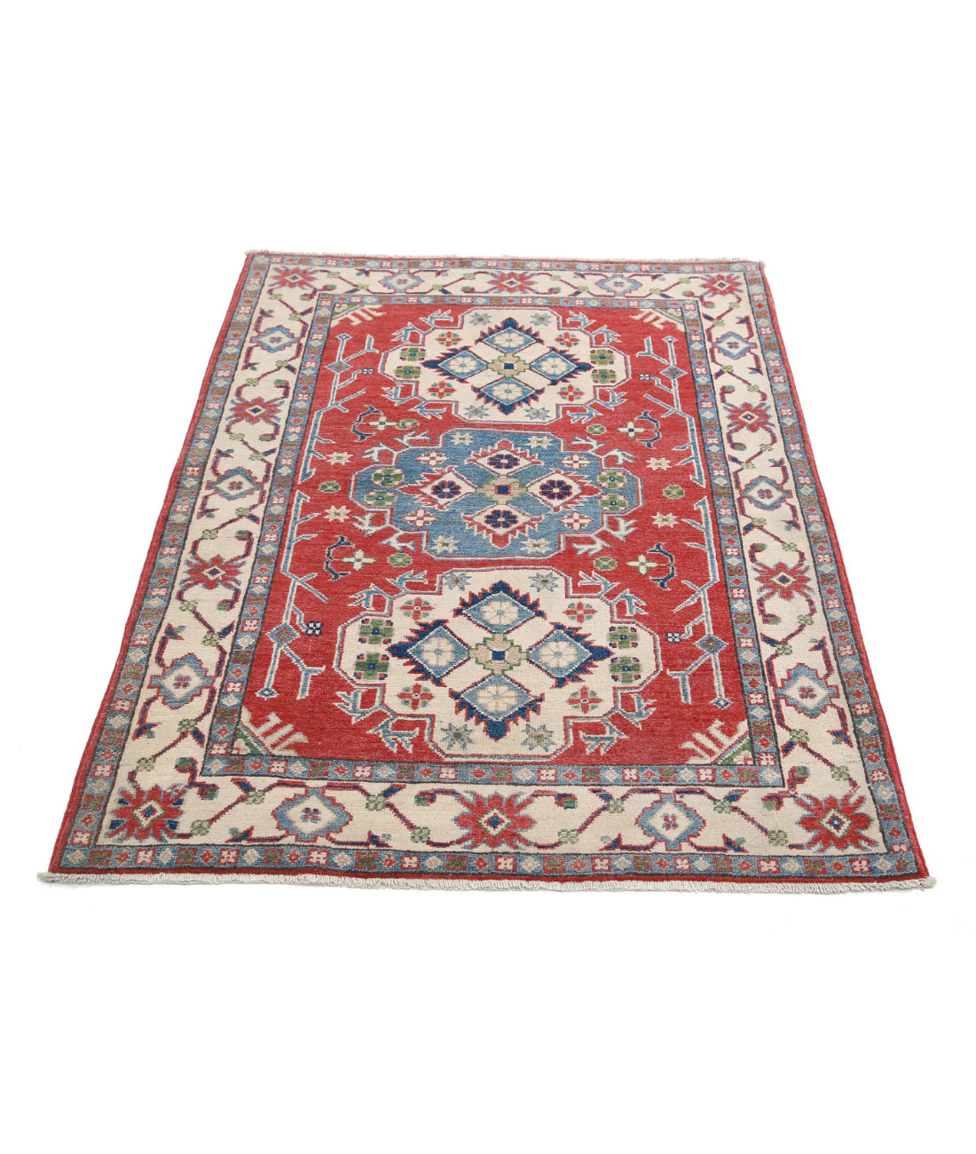 Kazak 3'6'' X 4'11'' Hand-Knotted Wool Rug 3'6'' x 4'11'' (105 X 148) / Red / Ivory