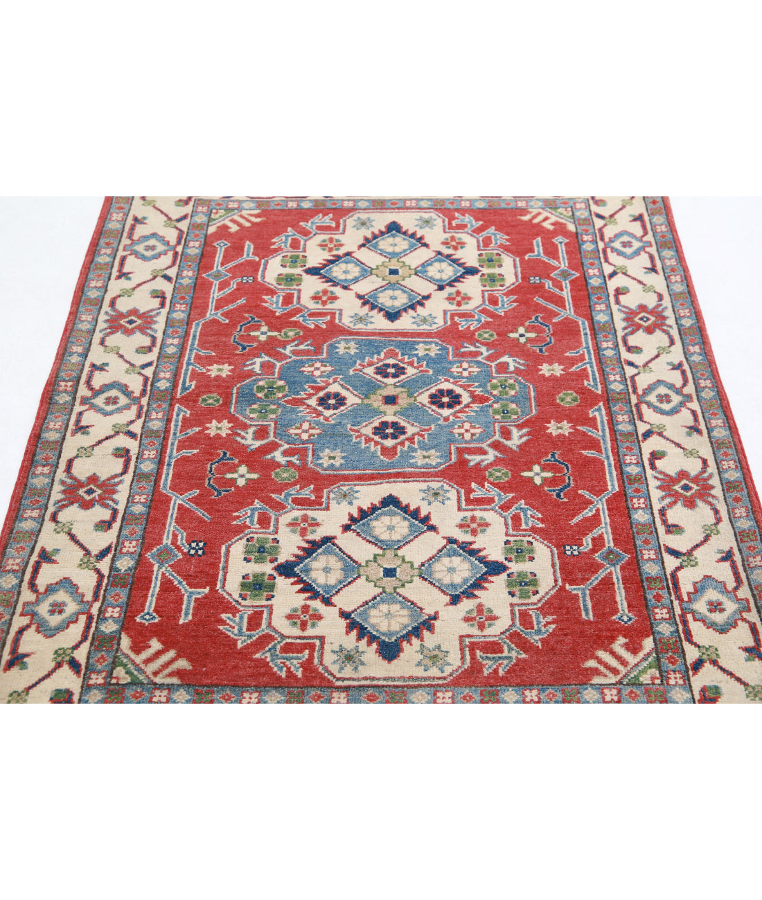 Kazak 3'6'' X 4'11'' Hand-Knotted Wool Rug 3'6'' x 4'11'' (105 X 148) / Red / Ivory