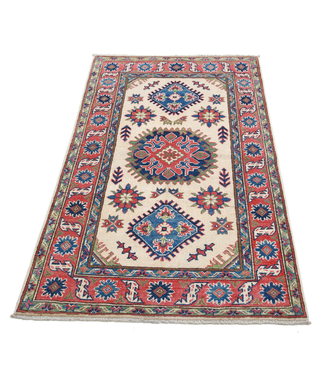 Kazak 2'10'' X 4'11'' Hand-Knotted Wool Rug 2'10'' x 4'11'' (85 X 148) / Ivory / Red